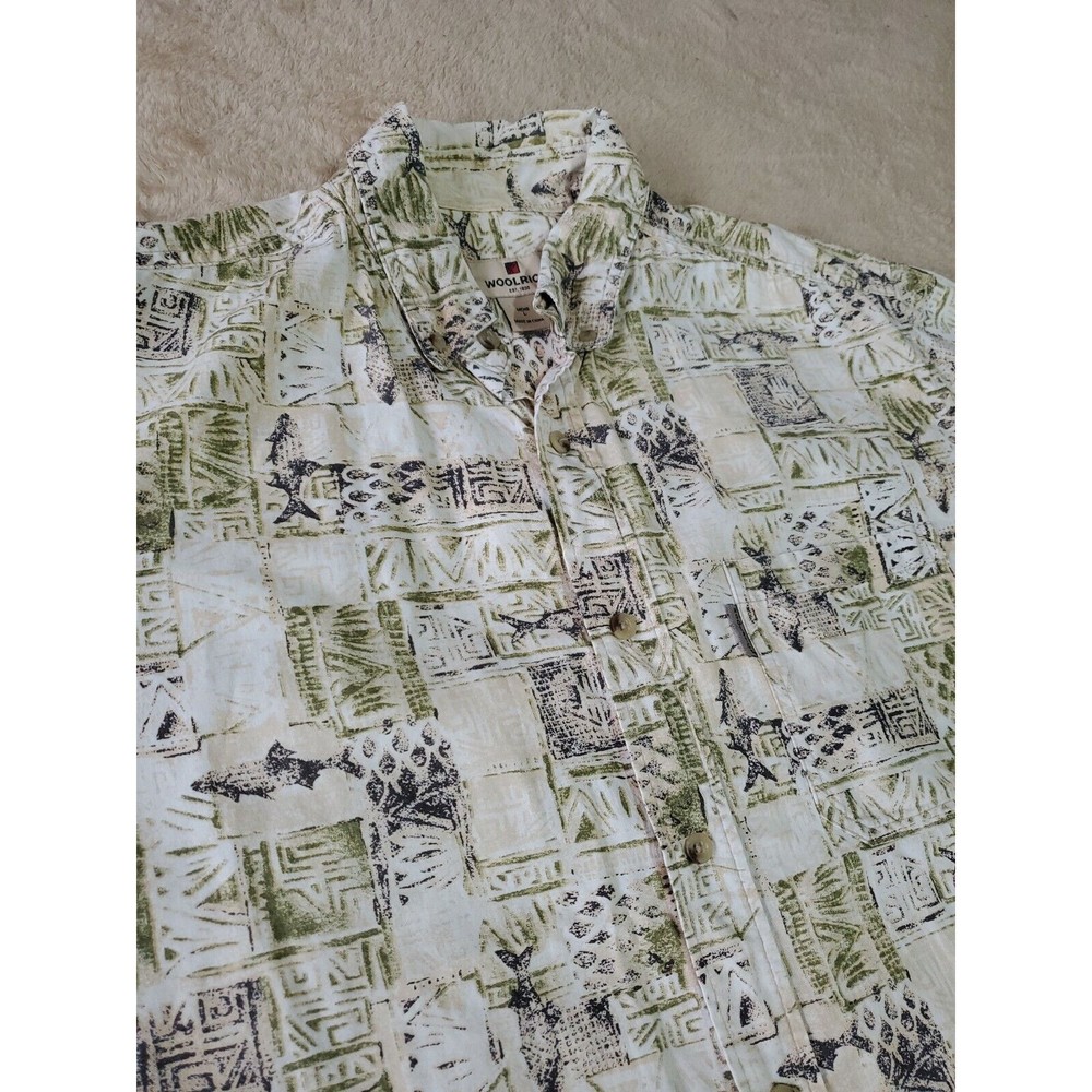 VTG Woolrich Mens Outdoor Fish Button Shirt beige Cotton Shirt LARGE